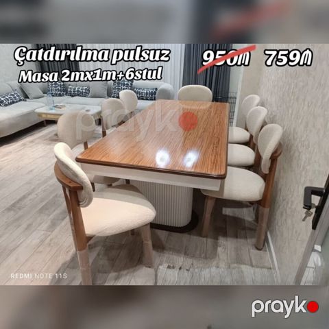 Yemək otağı dəsti – masa 2 m x 1 m + 6 stul - Dördkünc, parlaq taxta — Bakı