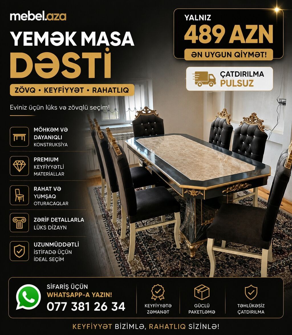 Qonaq otağı üçün, Yeni, Açılan, Dördbucaq masa, 8 stul — Mebel, Bakı