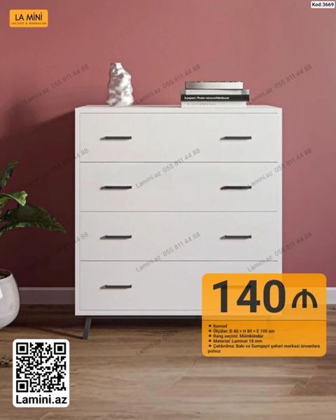 Komod Minimalist üslubda hazırlanmış ağ rəngli komod. Model 4 geniş — Bakı