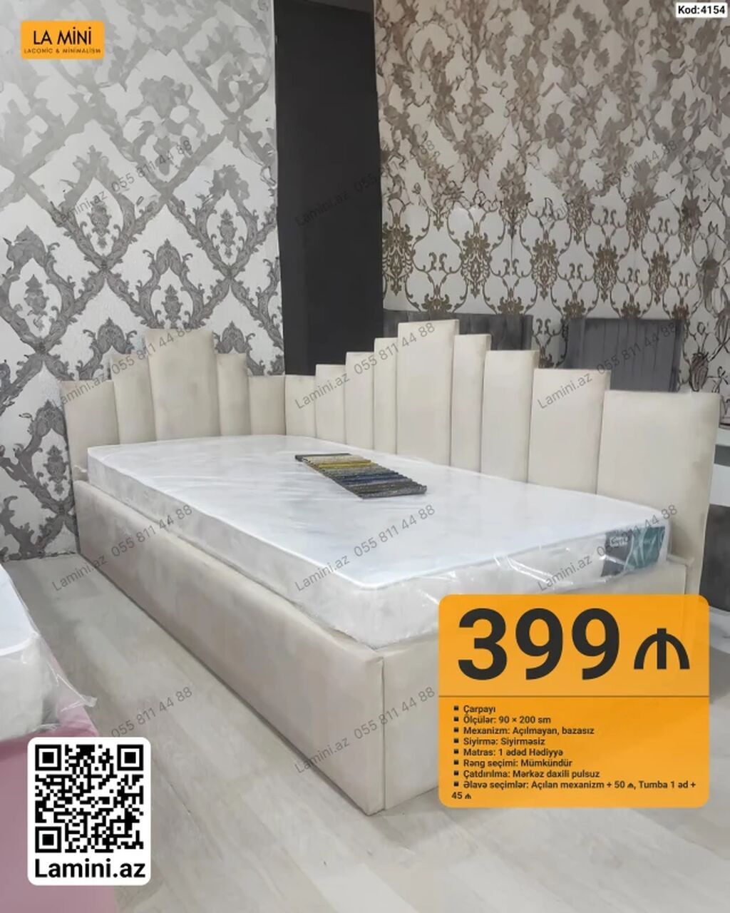 Çarpayı – Kod: 4154 - Ölçü: 90 × 200 sm - Mexanizm: Açılmayan — Mebel, Bakı