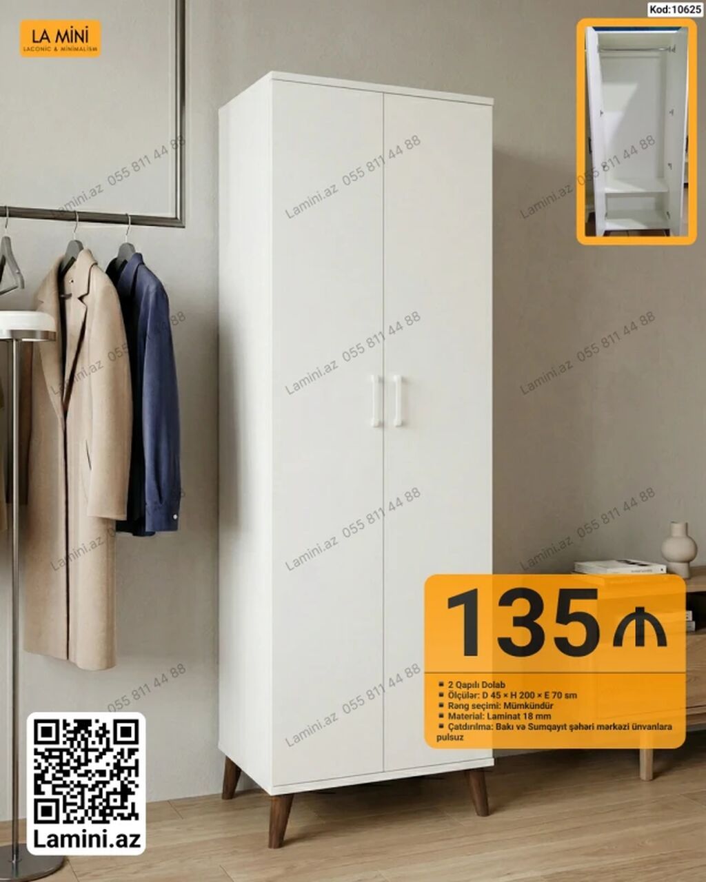 2 qapılı paltar dolabı – ağ rəngdə, minimalist dizaynlı. Ölçülər: - — Mebel, Bakı
