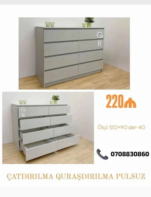 Minimalist dizaynda 6 çekmecəli komod. - Rəng: açıq boz - Ölçü: 120 ×