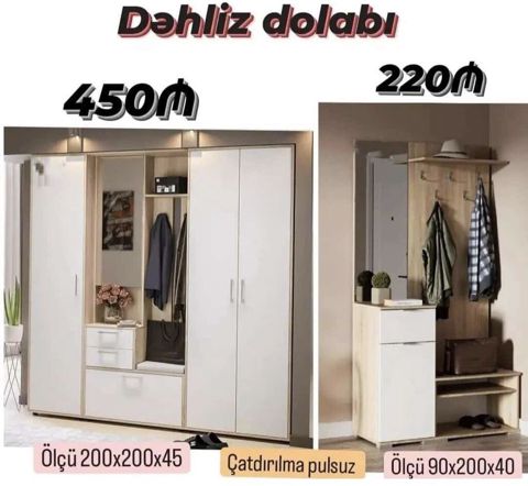 Dəhliz üçün mebel dəsti. Şəkildə iki fərqli model göstərilib: 1 — Bakı