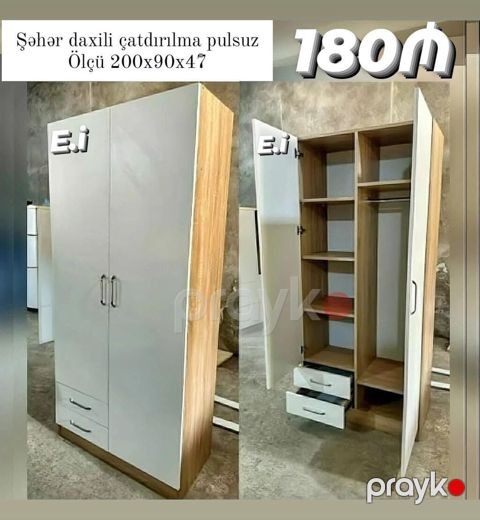 İki qapılı paltar şkafı - Ölçü: 200 x 90 x 47 sm - Korpus: ağ ön