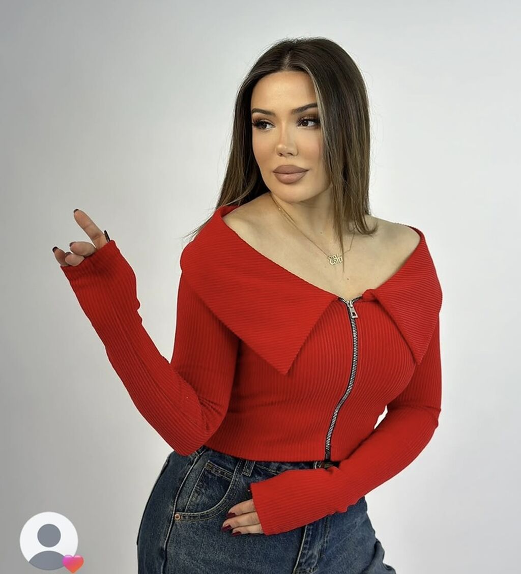 Qadınlar üçün qırmızı trikotaj sviter-bluz - Model: Fermuarlı — Şəxsi əşyalar, Digah (2)
