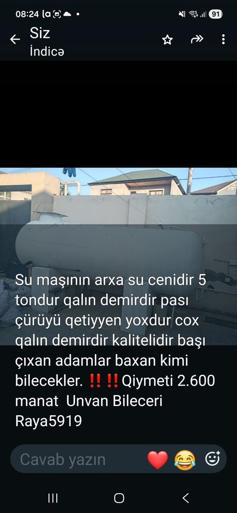 Su maşını üçün arxa su çəni – 5 tonluq. Qalın, keyfiyyətli dəmirdən — Sumqayıt
