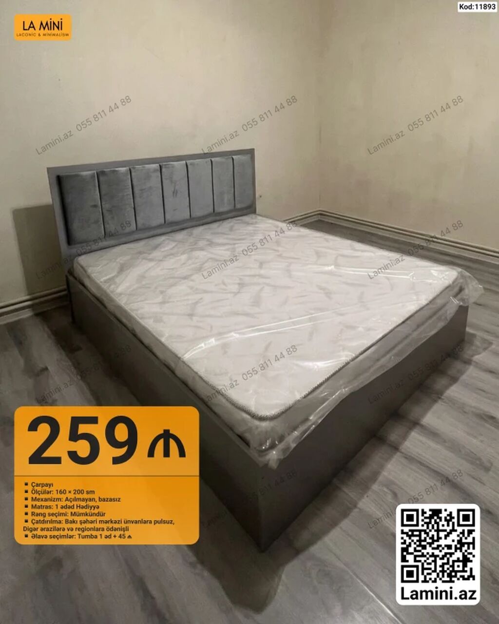 Yataq dəsti – 160x200 sm ölçüdə, müasir dizaynlı iki nəfərlik çarpayı — Mebel, Bakı (2)