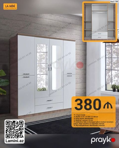 LA Mını markalı 4 qapılı dolab - Ölçülər: D 47 H 200 E 160 sm — Bakı