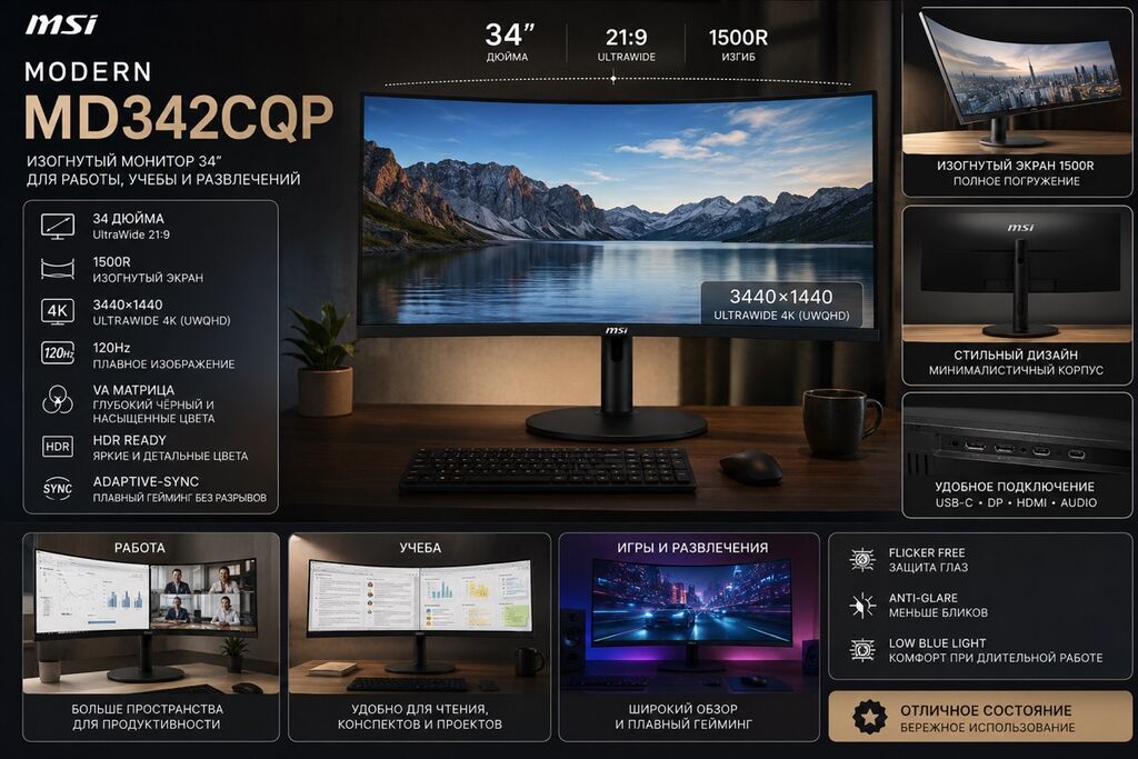 MSI Modern MD342CQP ultrawide əyri monitor. Əsas xüsusiyyətlər: - 34 — Elektronika, Bakı