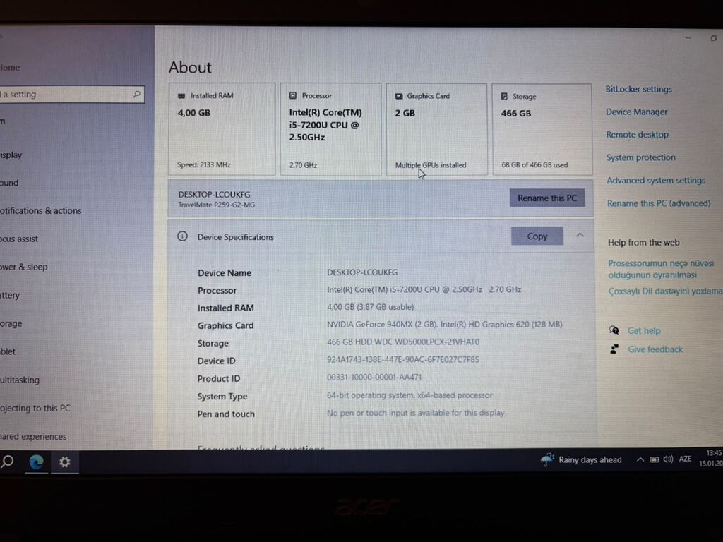 Acer TravelMate P259-G2-MG noutbuk. Əsas göstəricilər: - Prosessor — Acer, Sanqaçal (4)