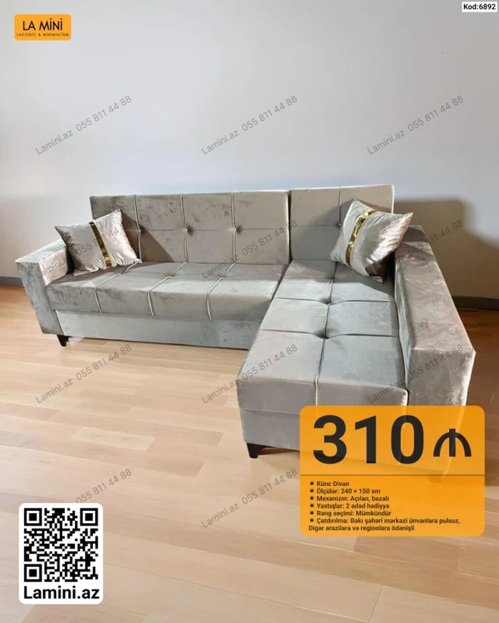 Künc divan – La Mini - Ölçü: 240 × 150 sm - Mexanizm: açılan, bazalı — Mebel, Bakı
