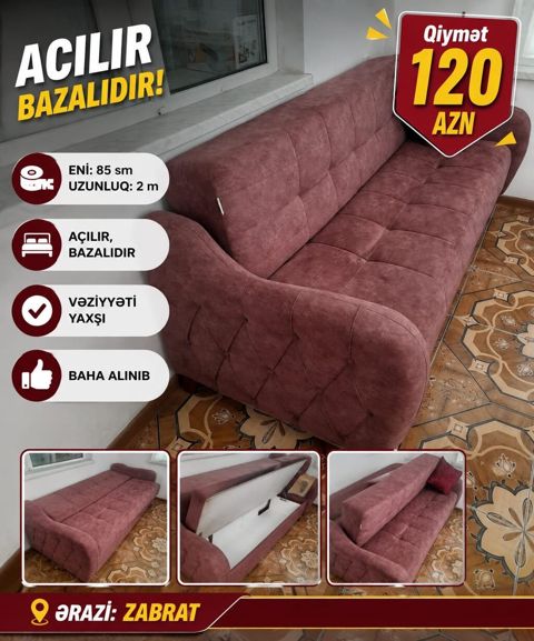 Aynur92👑kod5846 Qiymət: 120 AZN Divan satilir Eni: 85 sm Uzunluğu: 2 m