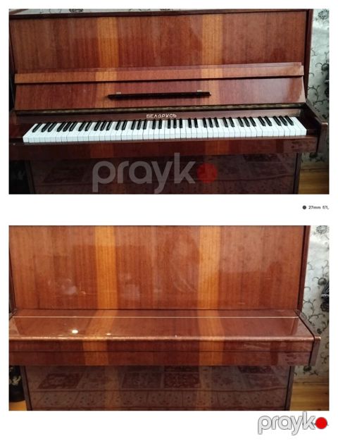 Belarus markalı şaquli piano. Klassik qəhvəyi taxta korpusa malikdir