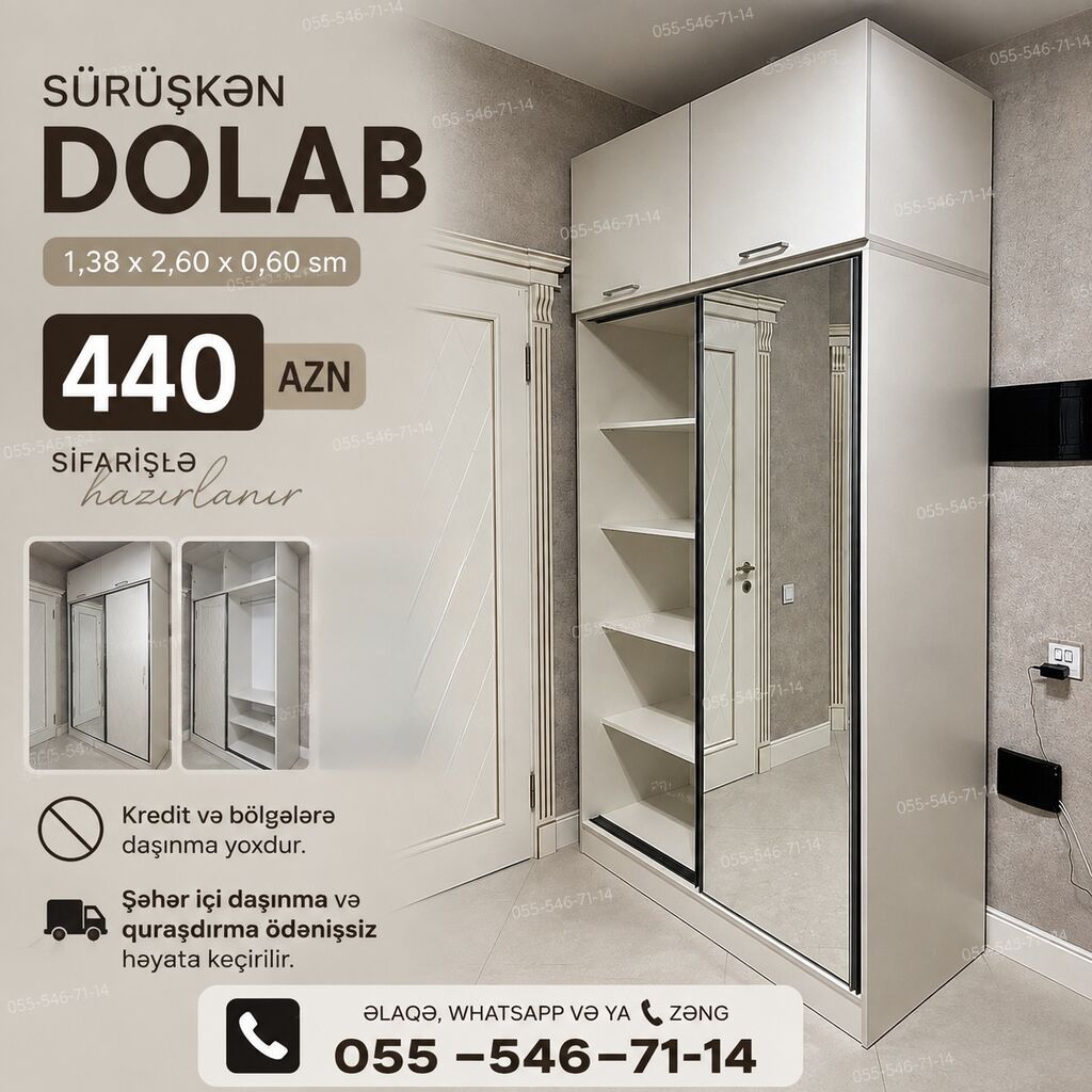 Sürüşkən qapılı dolab. Ölçüləri: 1,38 x 2,60 x 0,60 sm. Açıq rəngli — Mebel, Bakı