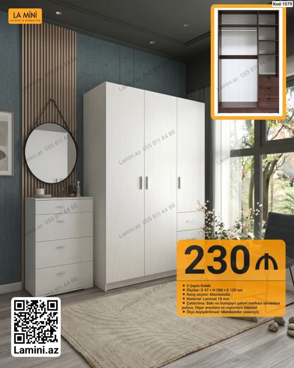 3 qapılı şkaf – Kod: 1079 - Ölçü: D 47 × H 200 × E 120 sm - Material — Mebel, Bakı