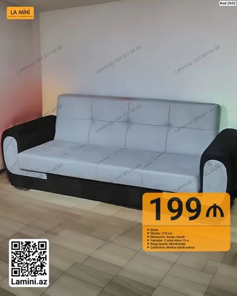 Divan – Kod: 2652 - Ölçü: 210 sm - Mexanizm: açılan, bazalı (yataq — Lamini Mebel — Divanlar