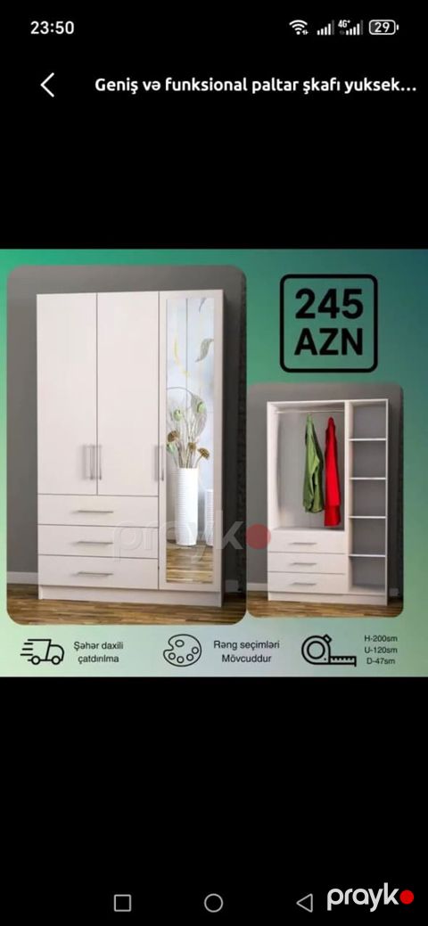 Geniş və funksional paltar şkafı - Ölçülər: H-200 sm, U-120 sm, D-47 — Bakı