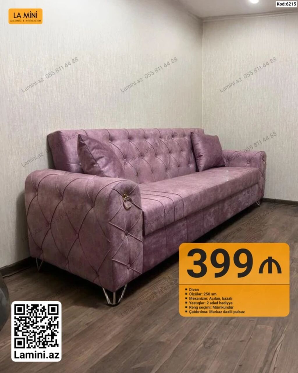 - Məhsul: Divan - Ölçü: 250 sm - Mexanizm: Açılan, bazalı - Yastıqlar — Mebel, Bakı