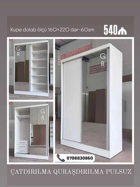 Kupe dolab – ağ rəngdə, sürgülü qapılı model Ölçü: 160 × 220 sm