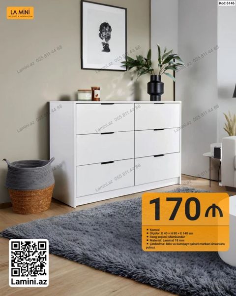 Komod – minimalist üslubda, ağ rəngli, müasir interyerlər üçün uyğun — Bakı