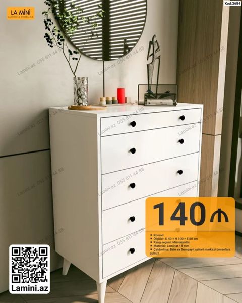 Minimalist üslubda komod. Ölçüləri: 40 x h 100 x e 80 sm Rəng — Lamini Mebel — Komodlar və tumbalar