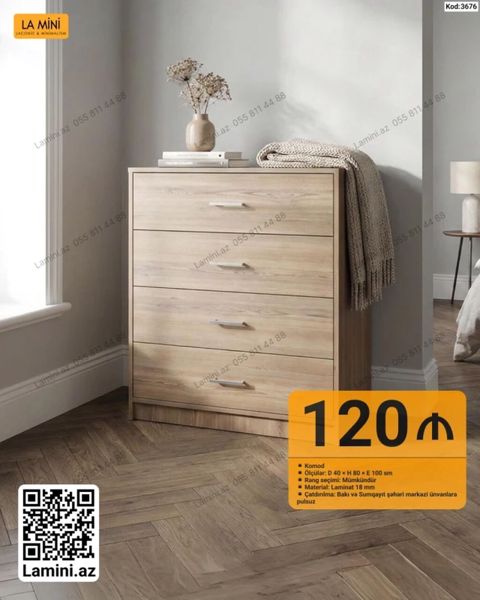 Minimalist üslubda 4 çekmeceli komod. Ölçüləri: - Dərinlik: 40 sm - — Bakı