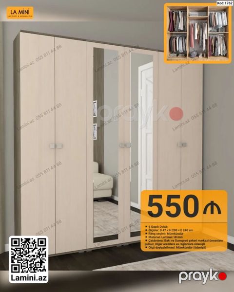 6 qapılı dolab - Ölçülər: Dərinlik 47 sm Hündürlük 200 sm En 240 — Bakı