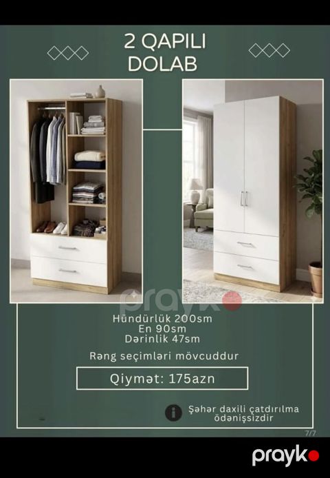 2 qapılı dolab - Ölçülər: hündürlük 200 sm, en 90 sm, dərinlik 47 sm — Bakı