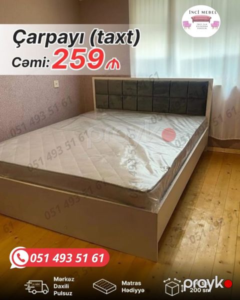 Çarpayı (taxt) - Ölçü: 160 x 200 sm - Yumşaq başlıq dizaynı, parça — Bakı