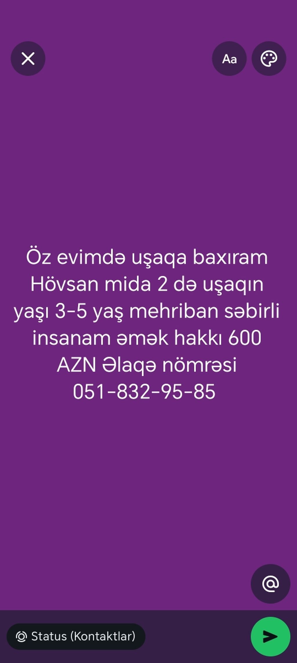 Hövsan qəsəbəsində, ev şəraitində uşaq baxıcılığı xidməti təklif — İş, Bakı
