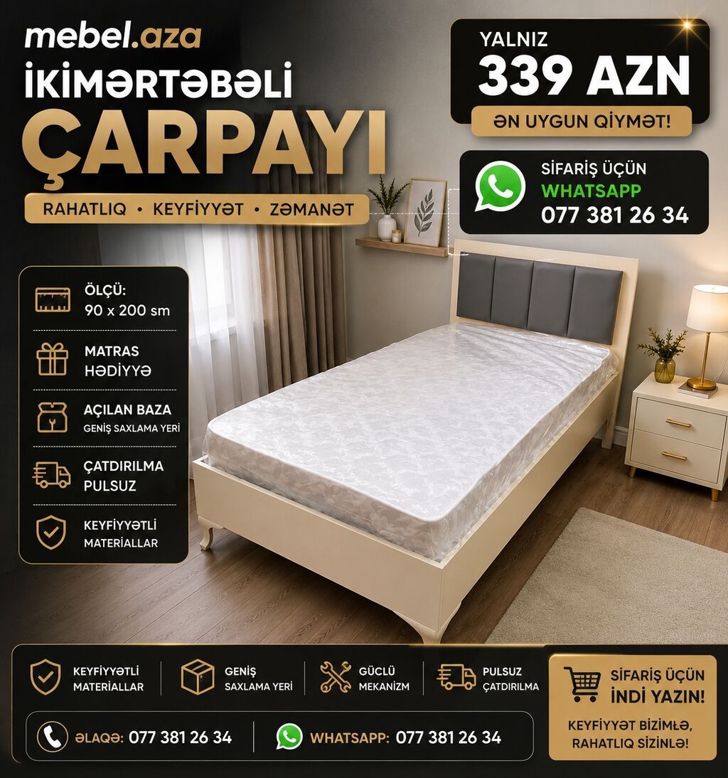 Yeni, Təknəfərlik çarpayı, Bazasız, Matras ilə, Siyirməsiz, Rusiya — Mebel, Bakı
