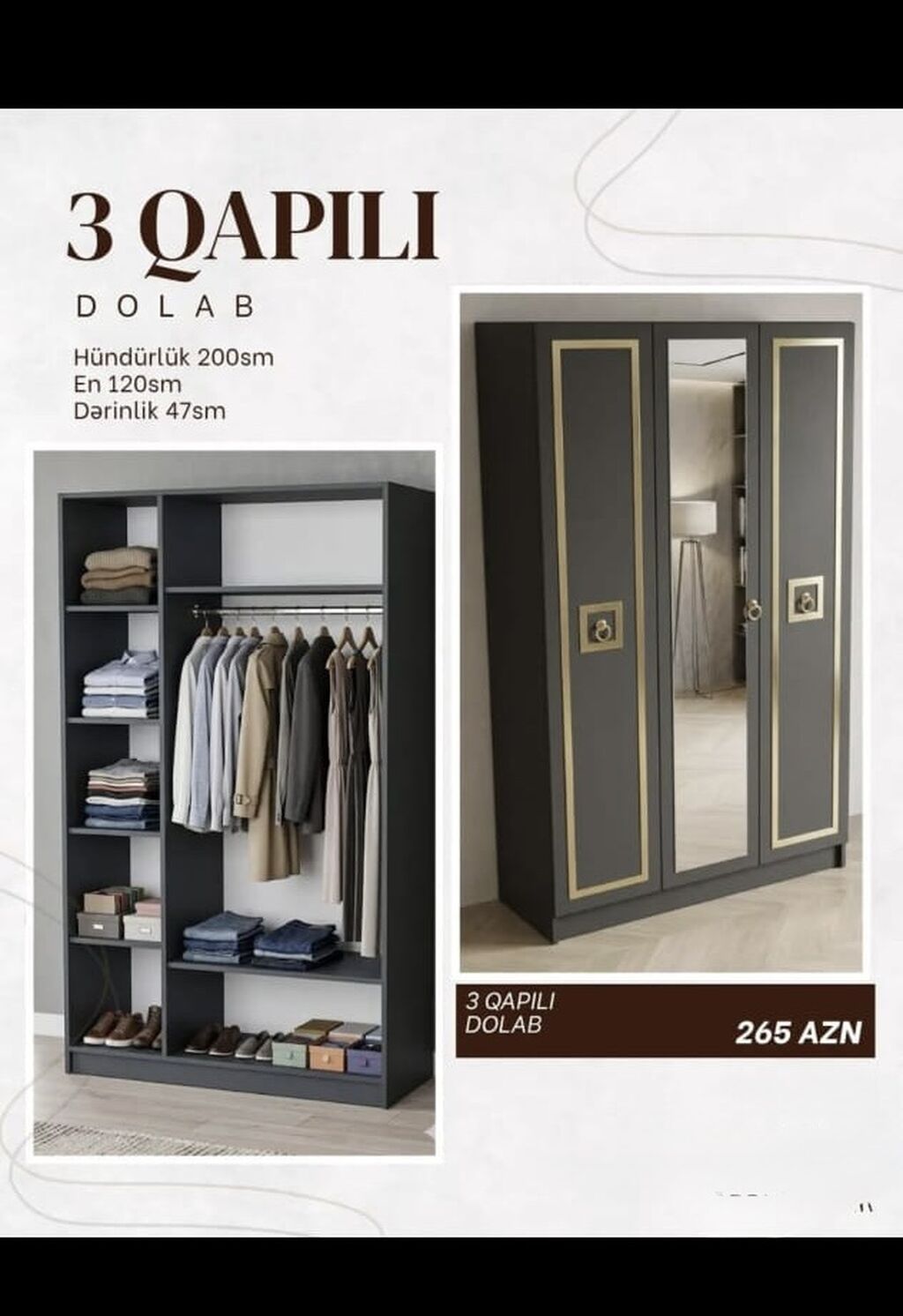 3 qapılı dolab Ölçüləri: - Hündürlük: 200 sm - En: 120 sm - Dərinlik — Mebel, Bakı