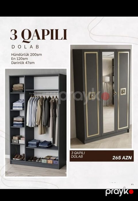 3 qapılı paltardolabı - Rəng: tünd boz, qızılı dekor xətləri - Ön — Bakı