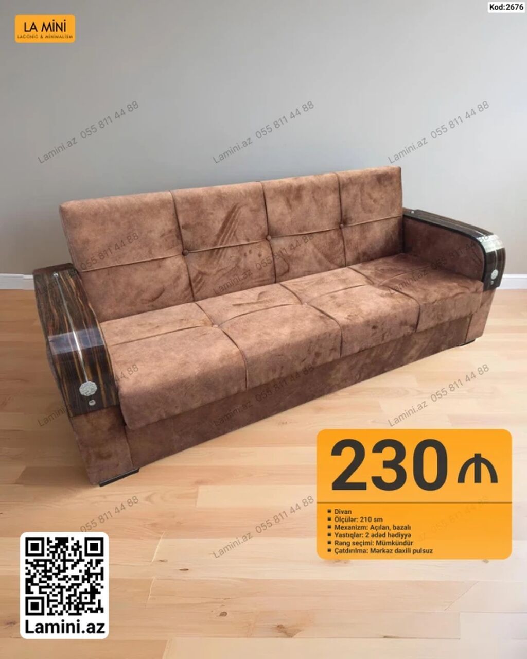 Di̇van – Kod: 2676 - Ölçülər: 210 sm - Mexanizm: Açılan, bazalı - — Mebel, Bakı