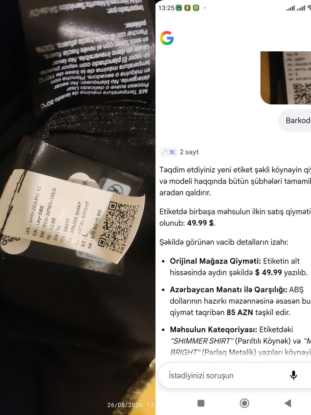 Parıltılı metalik qadın köynəyi. Etiket məlumatına əsasən model — Şəxsi əşyalar, Xırdalan (2)