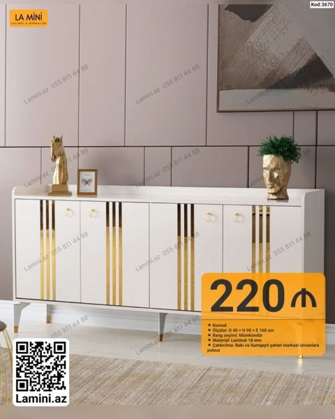 Minimalist üslubda komod. Ağ rəngli korpus və qızılı xətt detalları — Bakı