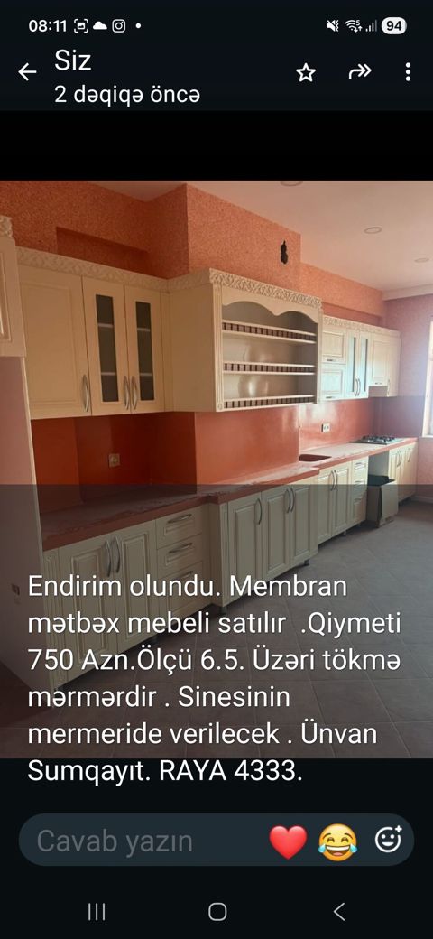 Membran mətbəx mebeli - Üstü tökmə mərmərdir, sinesinin mərməri də — Sumqayıt
