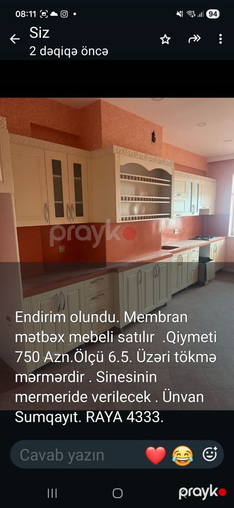 Membran mətbəx mebeli - Üstü tökmə mərmərdir, sinesinin mərməri də