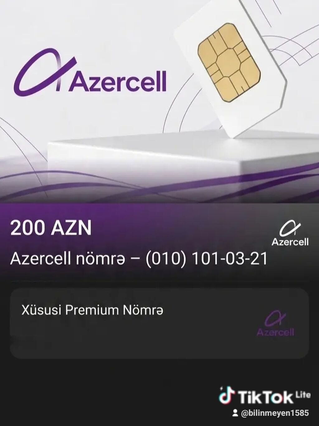 Azercell xüsusi premium nömrə. Nömrə: 010 101-03-21 Operator — Elektronika, Beyləqan