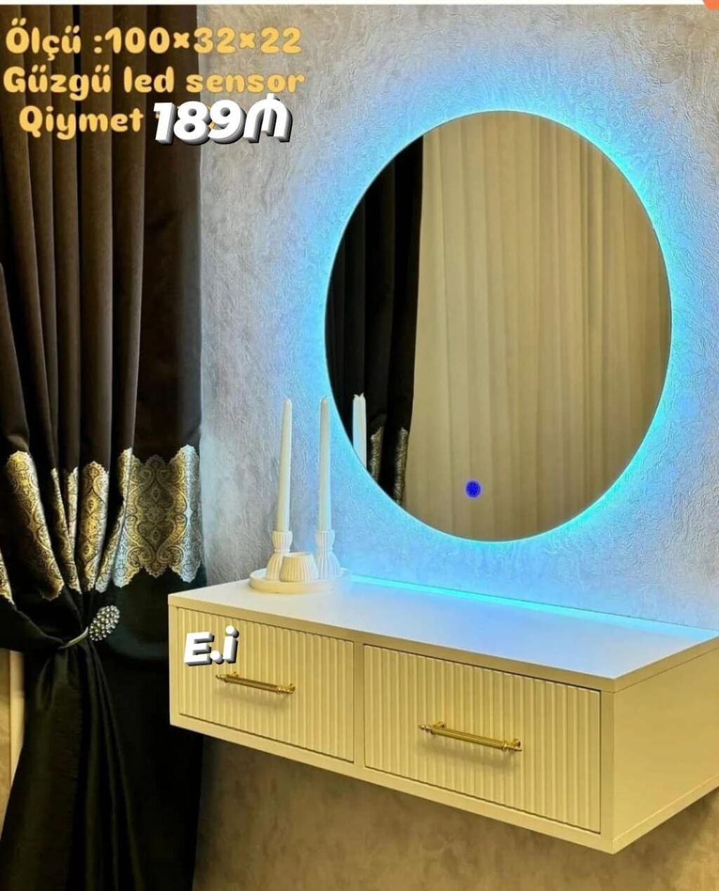 Divar tipli konsol və dairəvi güzgü dəsti - LED işıqlı dairəvi güzgü — Mebel, Digah (3)