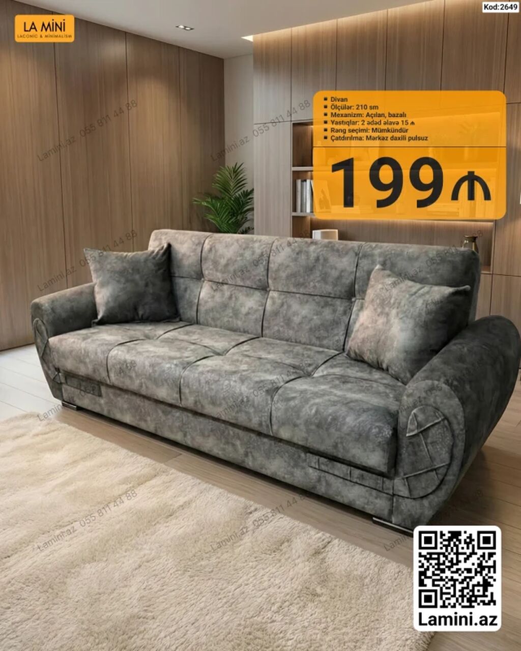 Məhsul: Divan (Kod: 2649) - Ölçü: 210 sm - Mexanizm: Açılan, bazalı — Mebel, Bakı