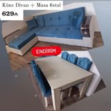 Künc divan + masa və 6 stul dəsti - Mavi və bej rəng kombinasiyalı — Mallar