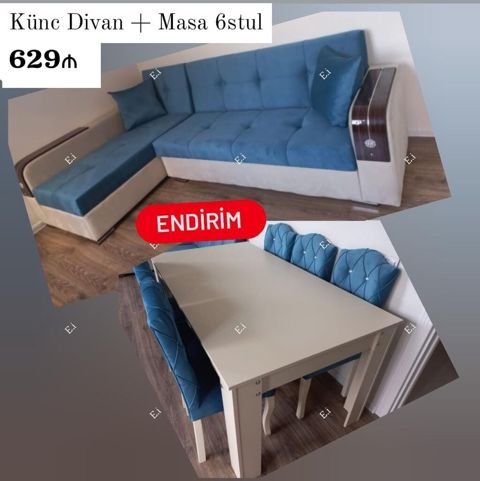 Künc divan + masa və 6 stul dəsti - Mavi və bej rəng kombinasiyalı — Dolab Taxt Çarpayı Mebel Fabriki ✨Əfsanə.x — Soft furniture sets