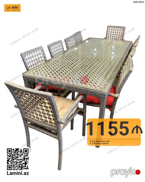 Bağ üçün masa dəsti - 1 ədəd böyük düzbucaqlı masa + 8 ədəd stul — Bakı