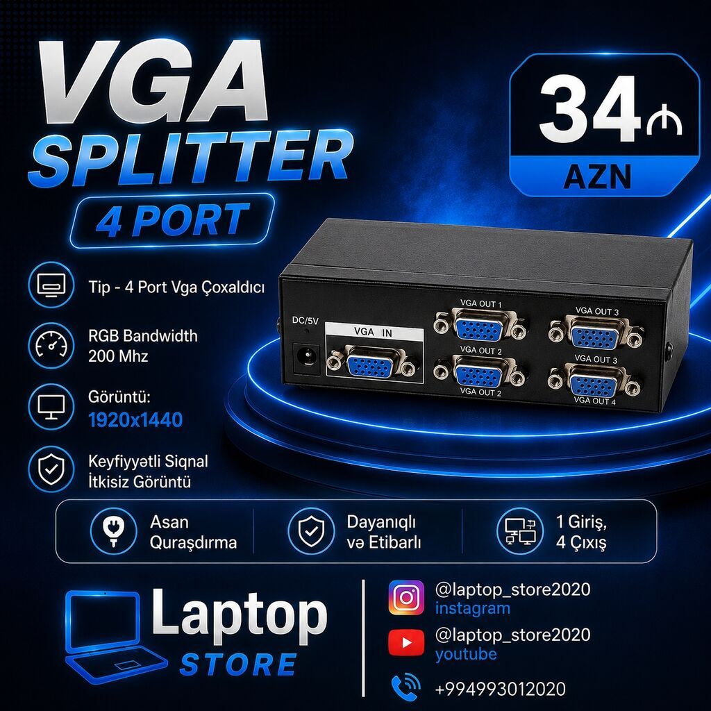 VGA Splitter 4 Port – 34 AZN 🔥 VGA Splitter 4 Port – Cəmi 34 AZN! — Elektronika, Bakı