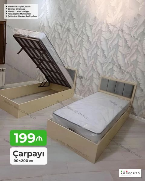 Çarpayı – 90×200 sm - Mexanizm: açılan, bazalı; yuxarı qalxan — Bakı