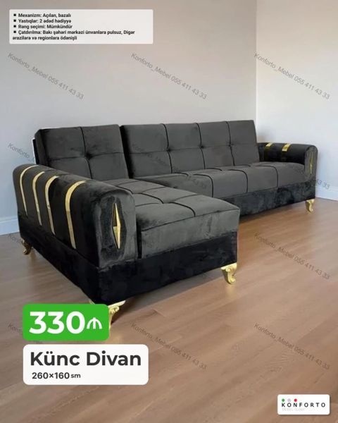 Künc divan – 260×160 sm Stil və rahatlığı birləşdirən künc divan — Bakı