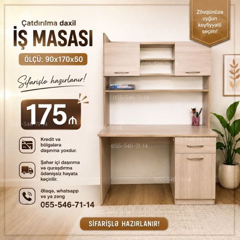 İş masası – sifarişlə hazırlanır. Ölçü: 90 x 170 x 50 sm - Üst — Bakı