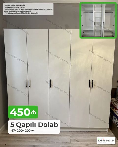 5 qapılı paltar dolabı — 47×200×200 sm - Material: 18 mm laminat — Bakı