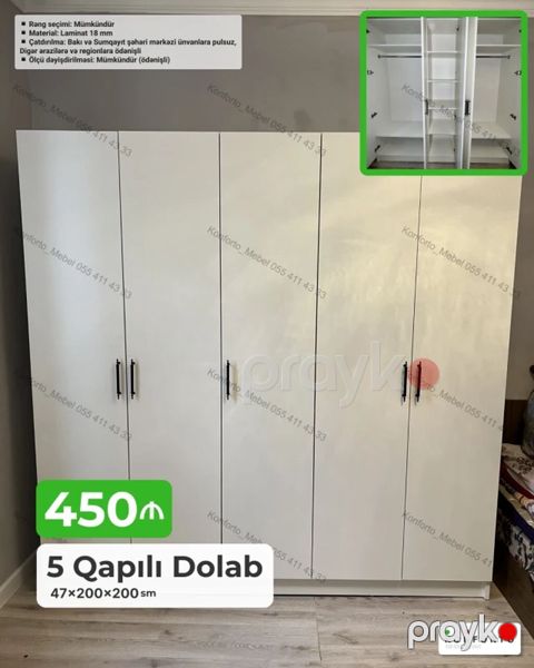 5 qapılı paltar dolabı — 47×200×200 sm - Material: 18 mm laminat — Bakı